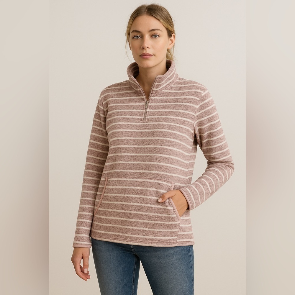 Pink Mauve White Stripe Fleece Quarter Zip Pullover L Cozy Chic Thread + Supply